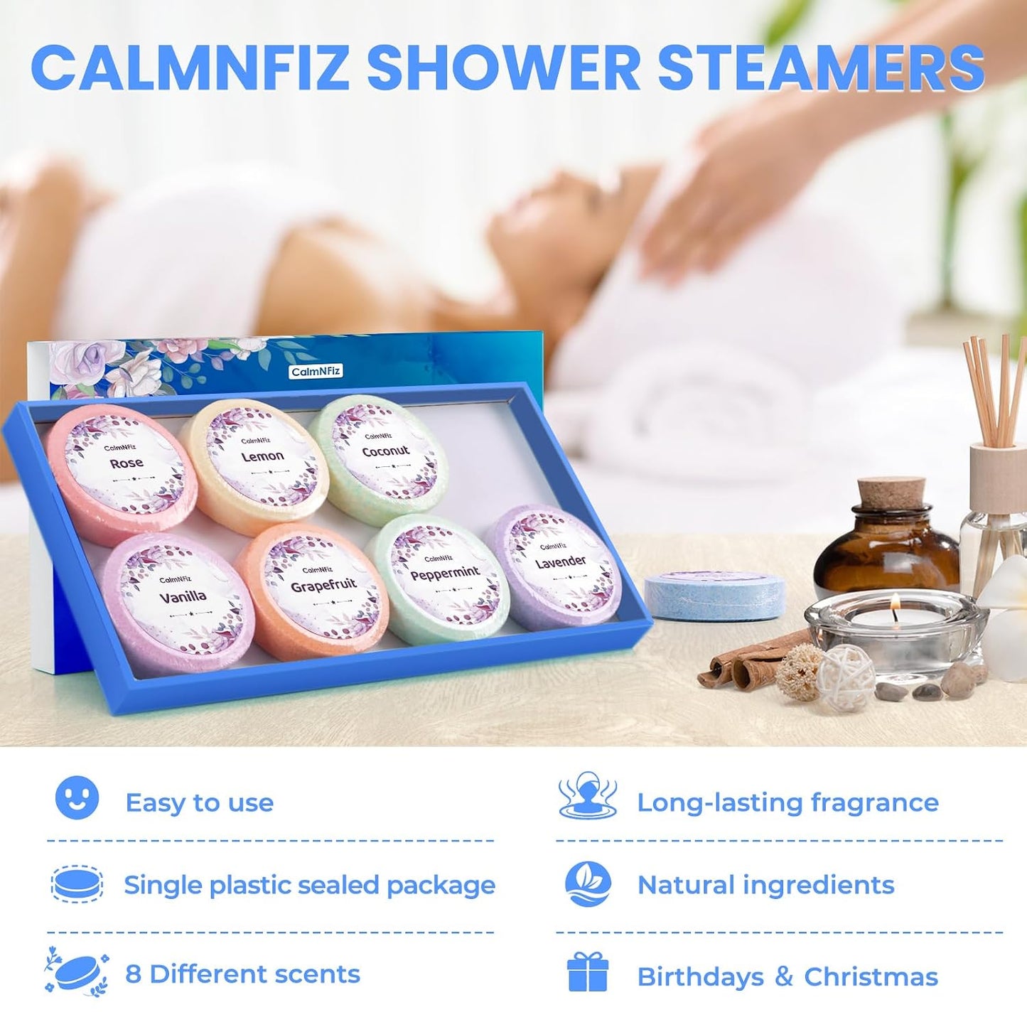 CalmNFiz Shower Steamers 8 Pack Set, Scented Shower Bombs Tablets in Box with 8 Fragrances, Fathers Day Gift for Dad, Self-Care & Relaxation Birthday Gifts for Women & Men, Mom, Wife, Friend