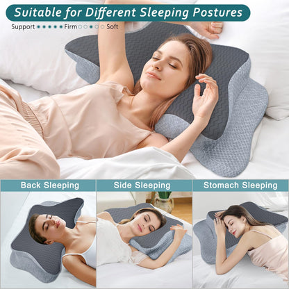 CHxxy Cervical Neck Pillow for Pain Relief Sleeping, Memory Foam Pillows, Ergonomic Side Sleeper Pillows, Cooling Orthopedic Neck Support Pillow for Back Stomach Sleepers-Queen Size Grey&Grey