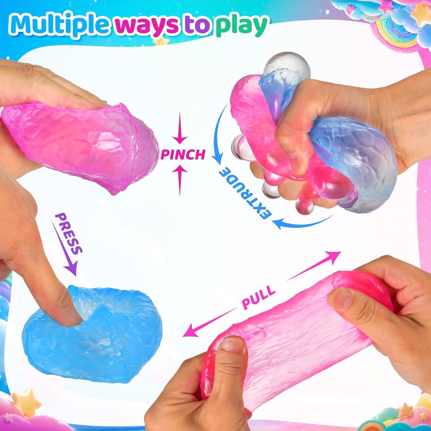 4 Packs Stress Balls for Kids Adult, Stretch and Squeeze Stress Balls for Anxiety Relief, Sensory Squishy Ball for Classroom Prizes Birthday Party Favor Gifts (Squeeze Ball)