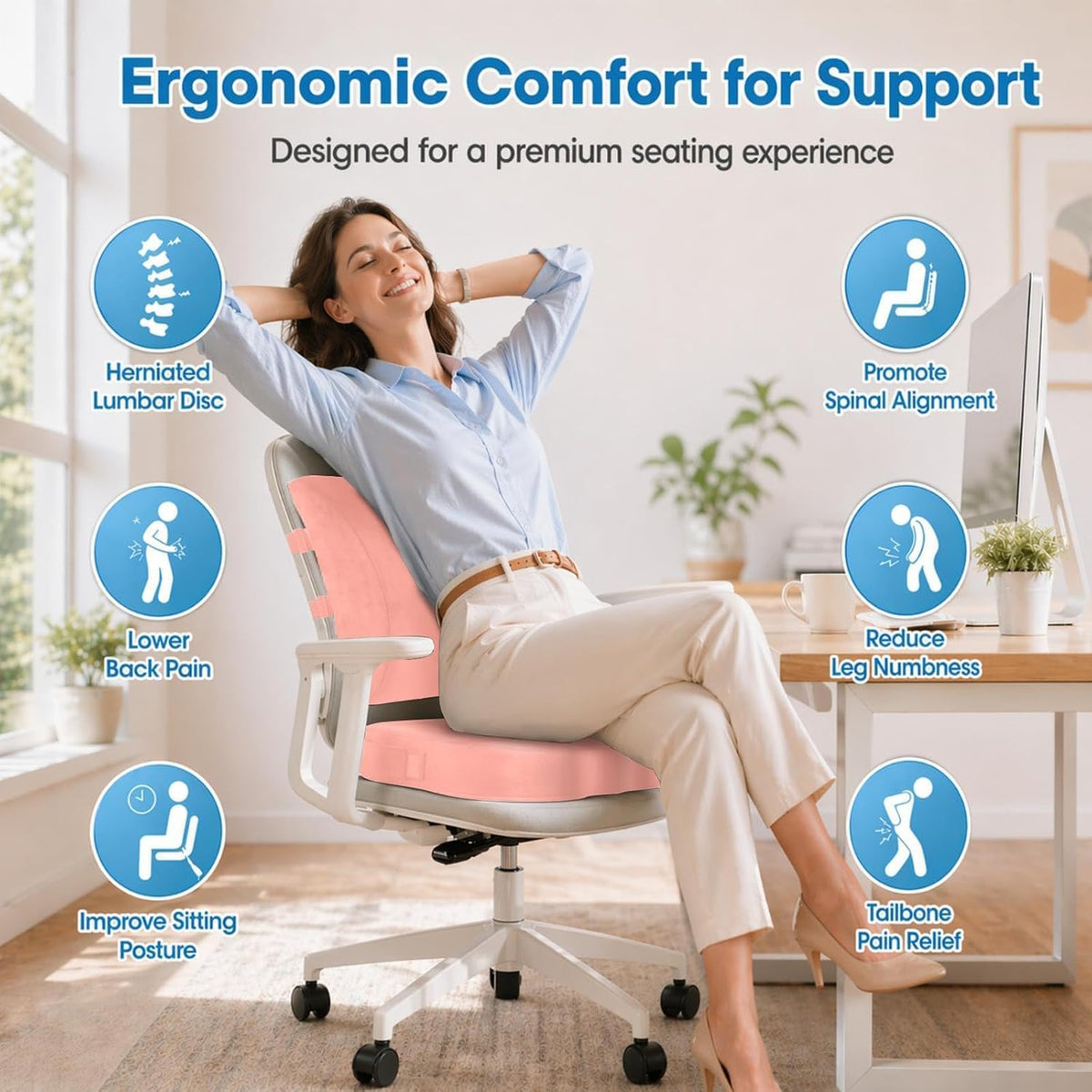 CloudBliss Ergonomic Seat Cushion & Lumbar Support Pillow Set, Black,Large
