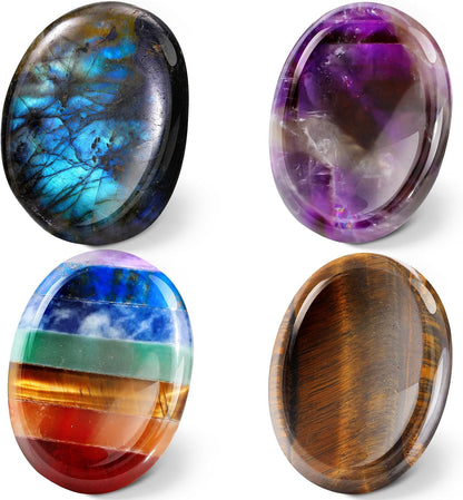 Roowest 4 Pcs Thumb Worry Stone for Anxiety Natural Crystal Healing Stone Chakras Amethyst Tiger Eye Quartz Pocket Hug Gift for Office Stress Meditation(Chromashift,Oval)