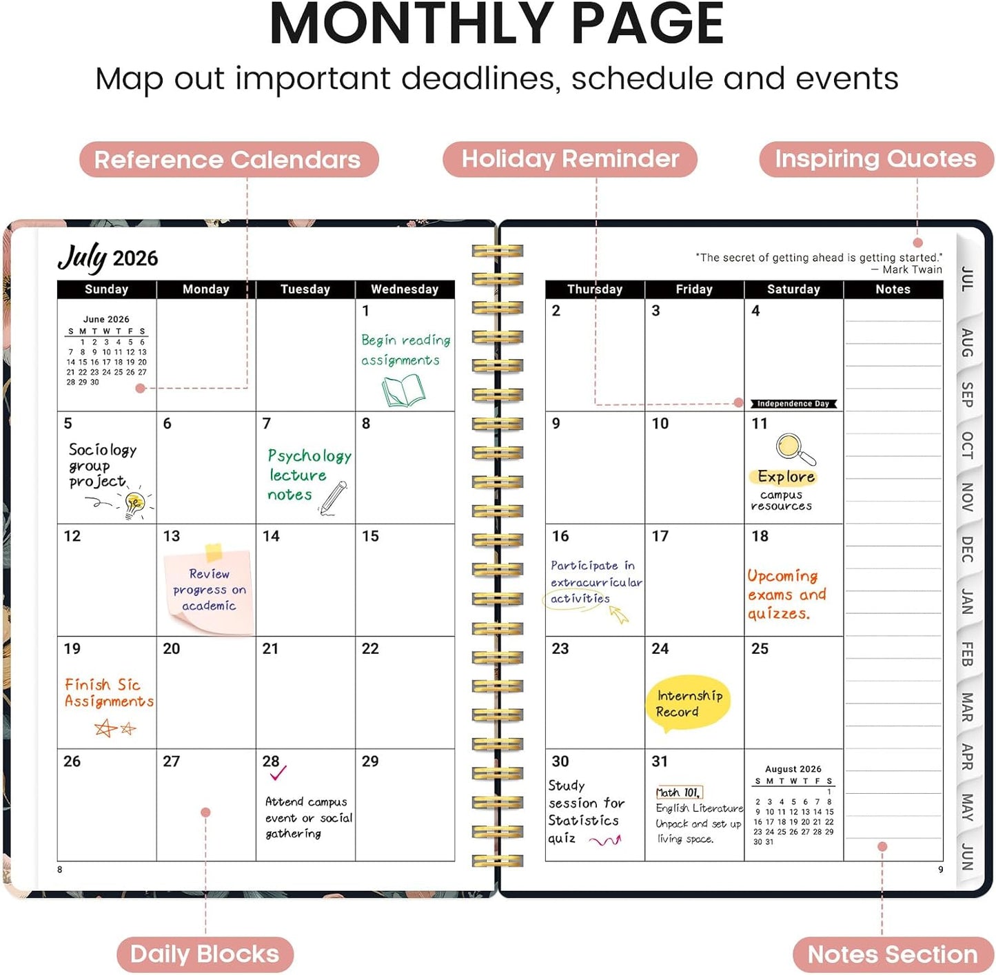 Planner 2026-2027, Academic Monthly and Weekly Calendar Planner for Women, July 2026 - June 2027, Hardcover Pretty Agenda Planner Book with Tabs, Spiral Daily Organizer for School Office Home Supplies, 6.3" x 8.5" - Blue Floral