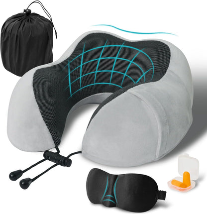 Travel Pillow, Memory Foam Neck Pillow for Traveling, U Shape Neck Pillow Airplane Portable Flight Pillow Travel Kit with 5D Contoured Eye Masks and Earplug for Plane Train Car Home Office