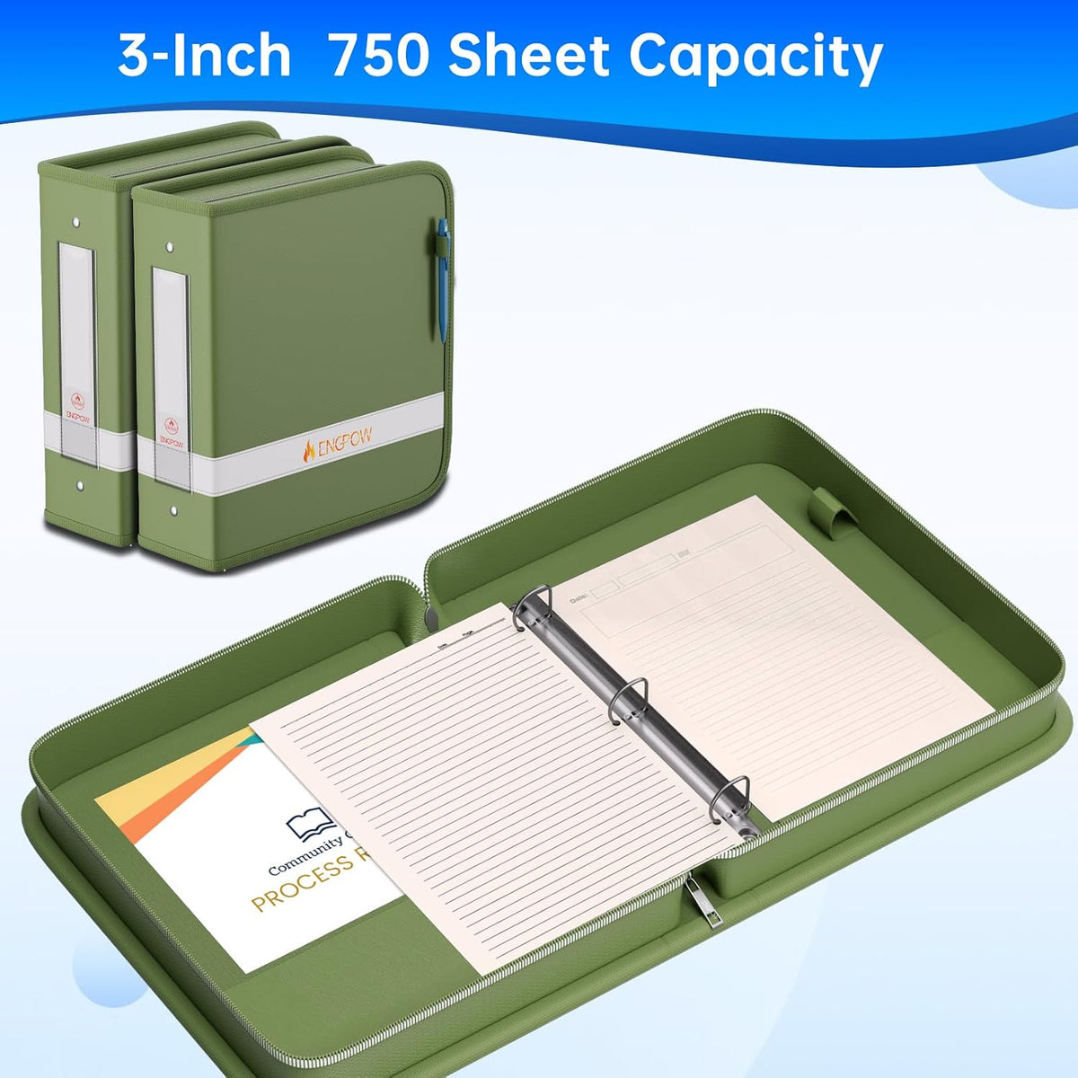 ENGPOW 3 Ring Binder,Fireproof 3 Inch D Ring Binder with Zipper,Holds 750 Sheets,Non-Stick,PVC-Free,Compatible with Clear Sheet Protectors,Portable School Office Home Safe Storage for Paper,Black