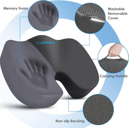 TushGuard Seat Cushion for Office Chair Memory Foam Non-Slip Desk Seat Cushion Back, Coccyx, Sciatica, Tailbone Pain Relief Butt Pillow for Office Chair, Car, Wheelchair, Black