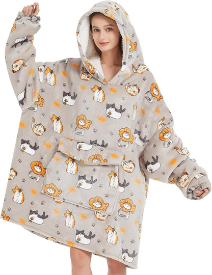 Mewkou Wearable Blanket Hoodie for Adult,Oversized Sherpa Fleece Blanket Hoodie for Women Men,Grey
