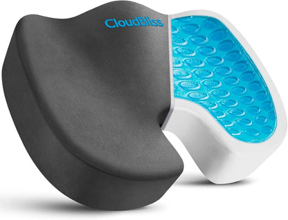 CloudBliss Gel Seat Cushion - Cooling Gel Enhanced Memory Foam Ergonomic Seat Cushion for Long Sitting for Office, Game, Car, Automotive, Airplane (Large, Black)