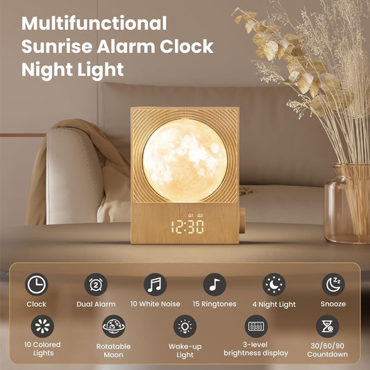 Sunrise Alarm Clocks for Heavy Sleepers,Night Lamp Clocks for Bedrooms with Moon Light,10 Light Effects,30/60/90 Timer,10 Sleep Nature Sounds,15 Ringtones,12 Volume Control with Snooze Function