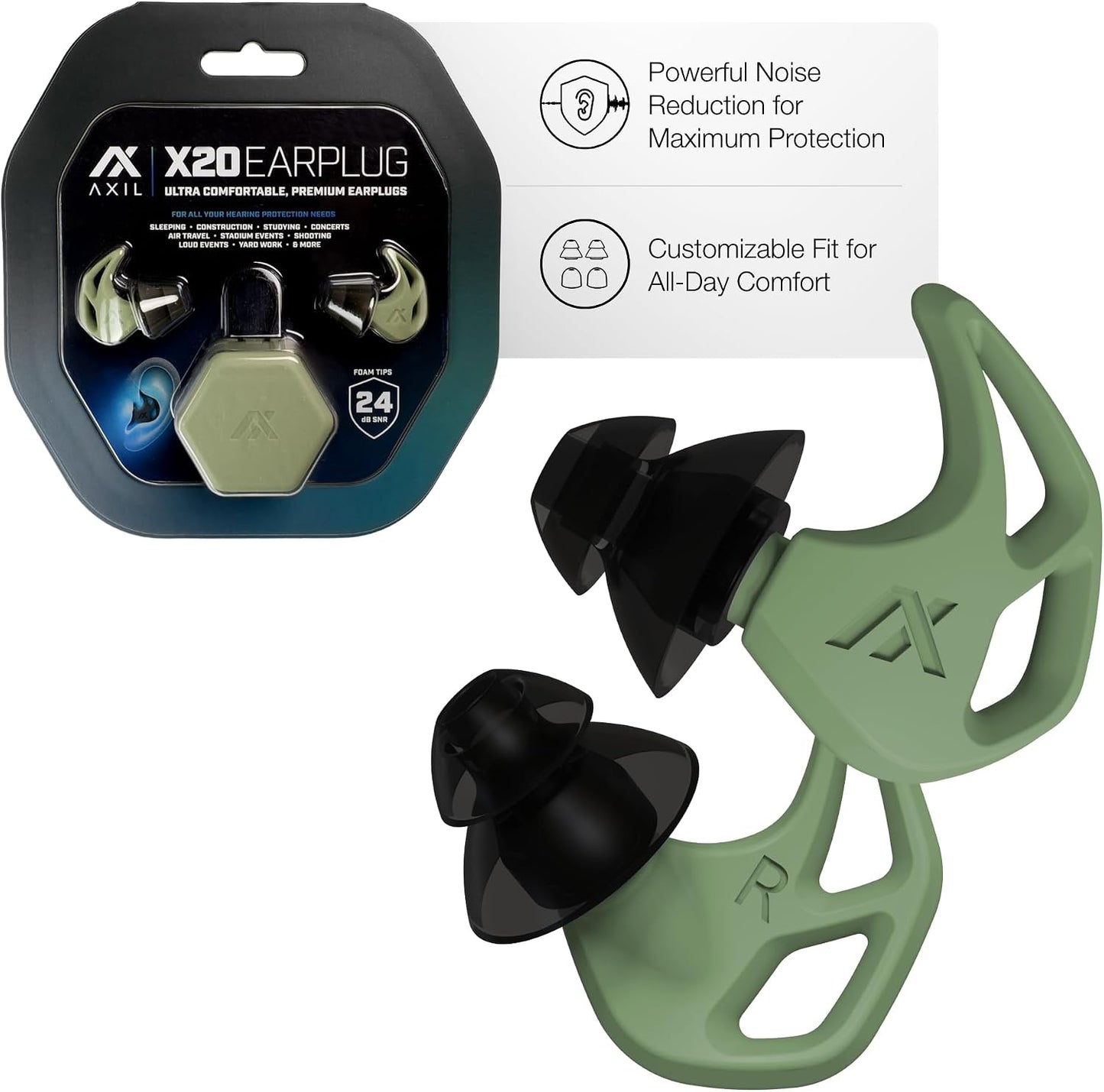 AXIL X20 Noise Reduction Ear Plugs - Pink - Customizable Fit Hearing Protection for Sleeping, Festivals, Live Events and Sports – 24dB Reusable Foam and Silicone Eartips with Carrying Case