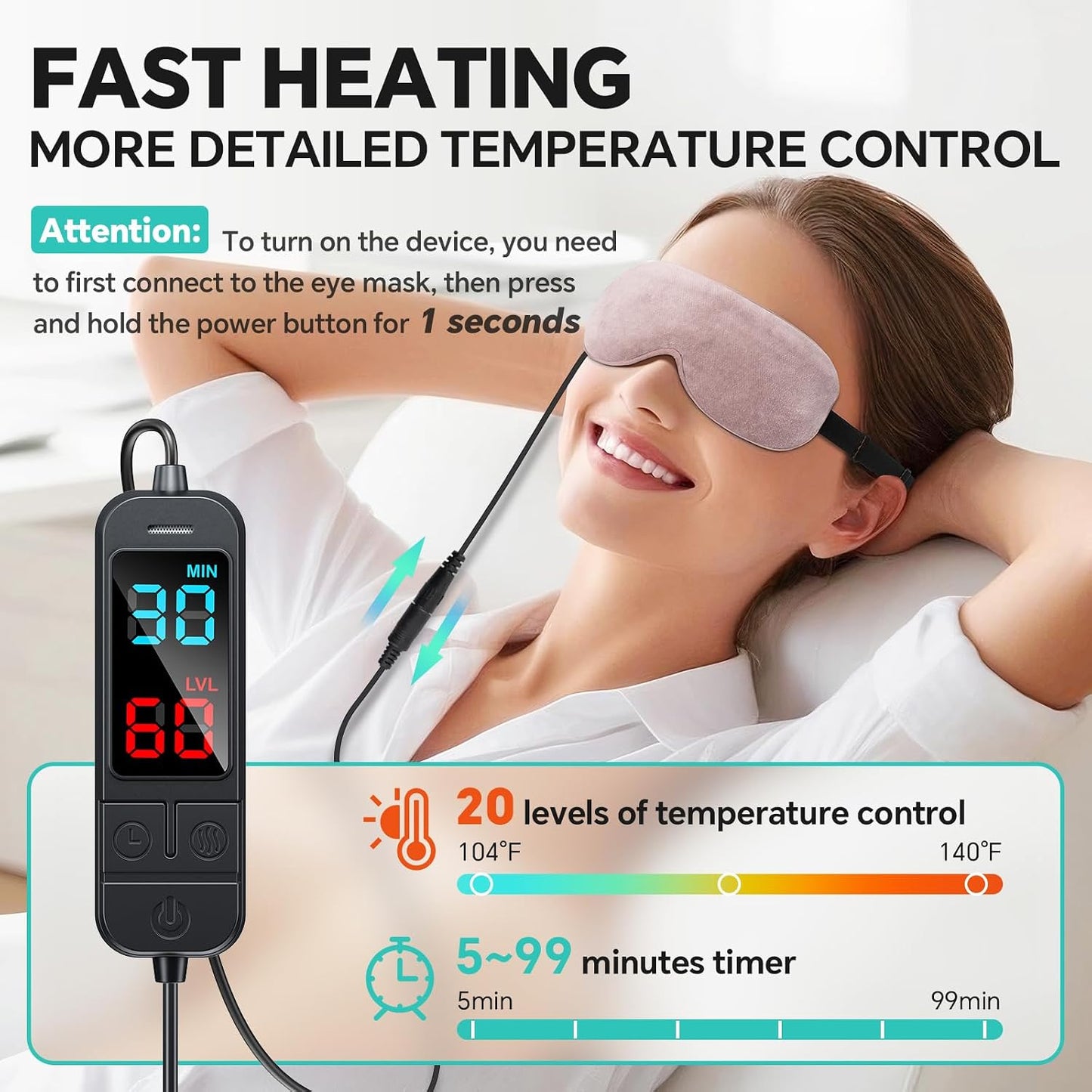 Heated Eye Mask for Dry Eyes, Stye & Migraines Relief - USB Electric Warm Compress with 20 Temp/Time Settings, Washable Flaxseed Cover for MGD, Blepharitis & Eye Strain