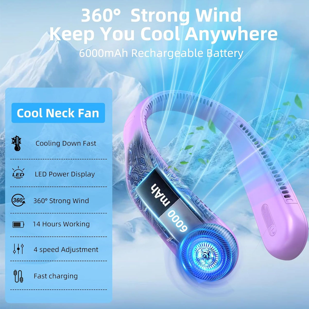 Portable Neck Fan, Personal Wearable Bladeless Fan, 6000mAh USB Rechargeable, 360° Airflow, LED Display, 4-Speeds, Hands Free Fan for Outdoor Indoor, Birthday Gifts for Men Women Dad Mom (Black)