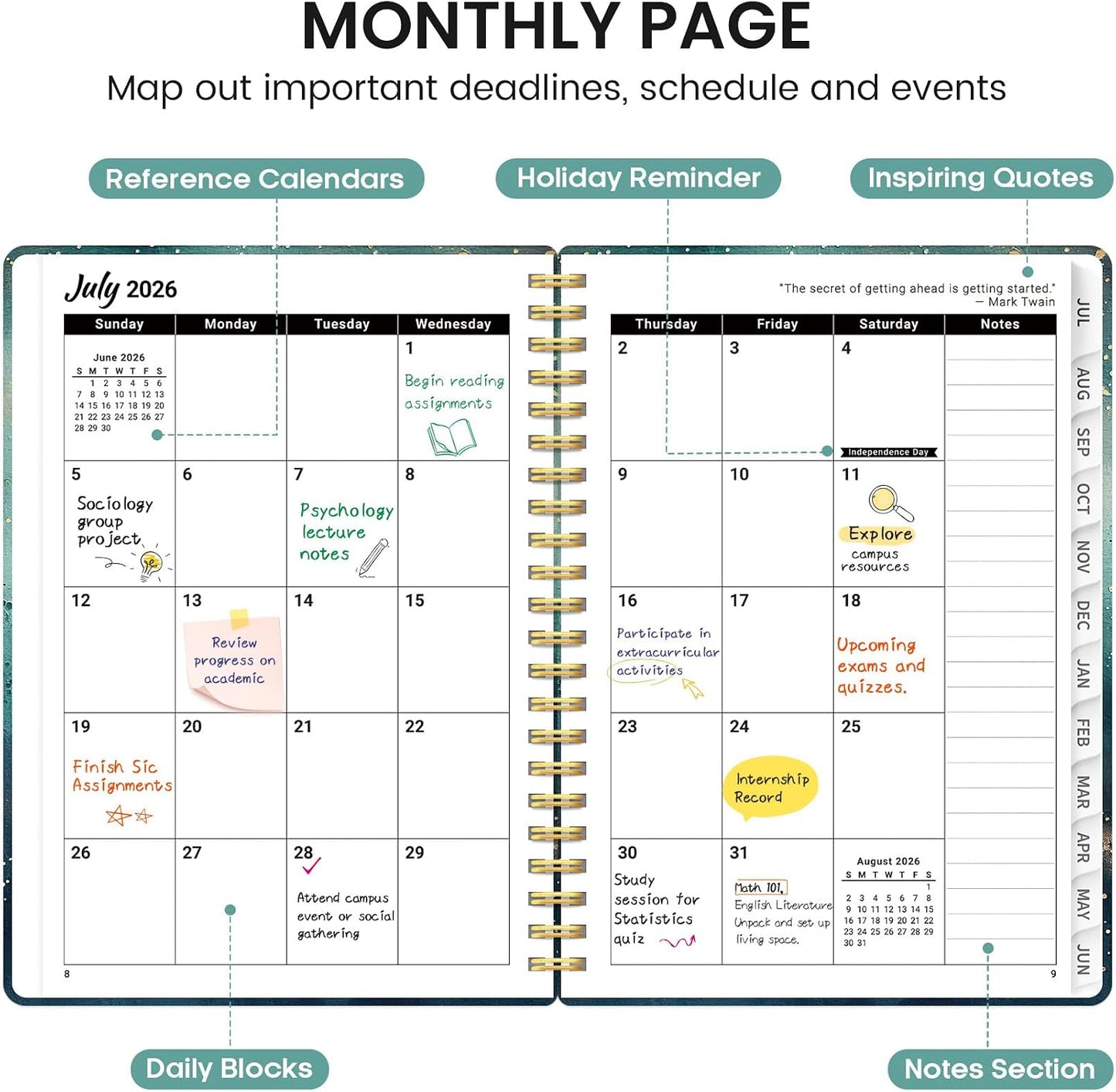 Planner 2026-2027, Academic Monthly and Weekly Calendar Planner for Women, July 2026 - June 2027, Hardcover Pretty Agenda Planner Book with Tabs, Spiral Daily Organizer for School Office Home Supplies, 6.3" x 8.5" - Blue Floral