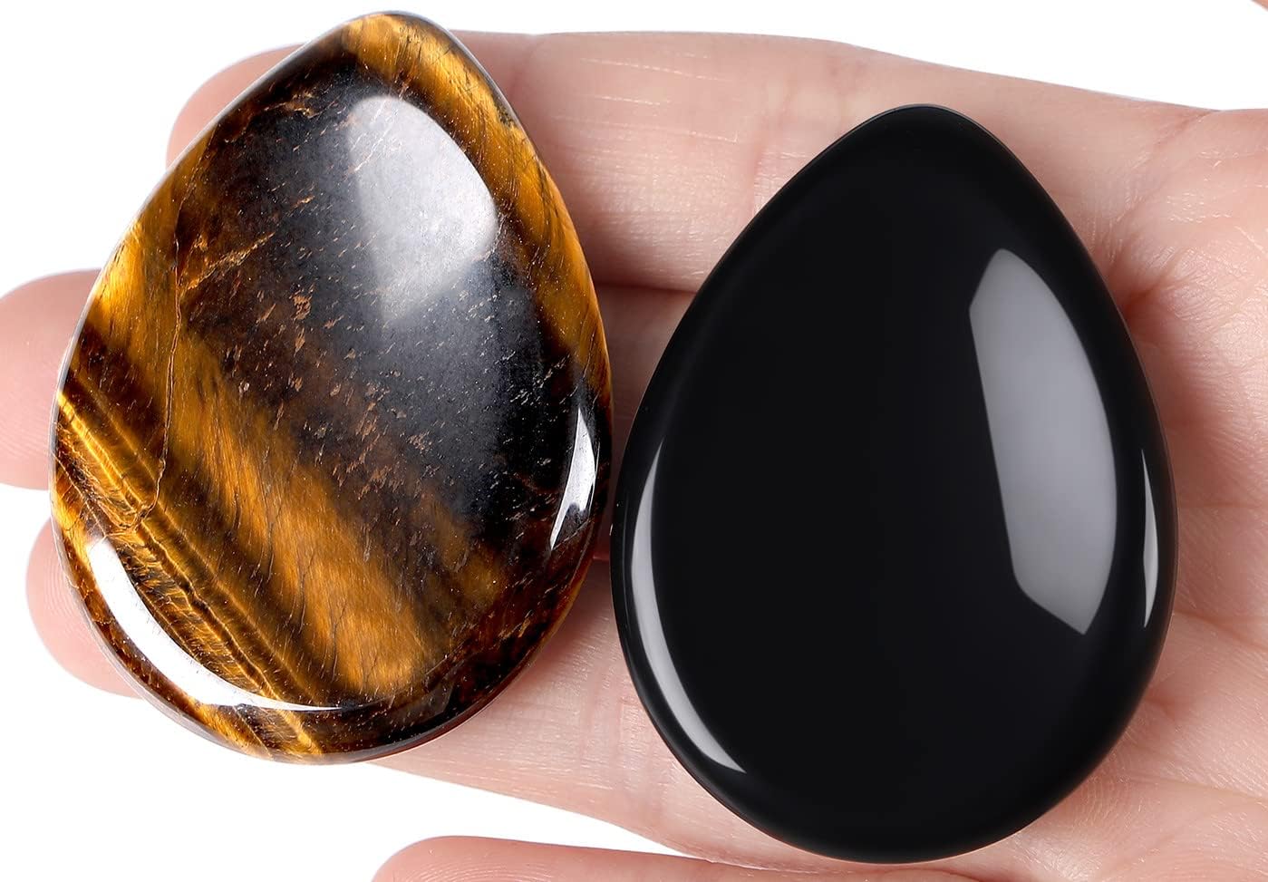 2PCS Worry Stone for Anxiety Tigers Eye Amethyst Healing Crystals Hand Thumb Stones Pocket Gemstones Meditation Accessories Oval Crystal Natural Relax Palm Stone Anxiety Relief Items Stocking Stuffers