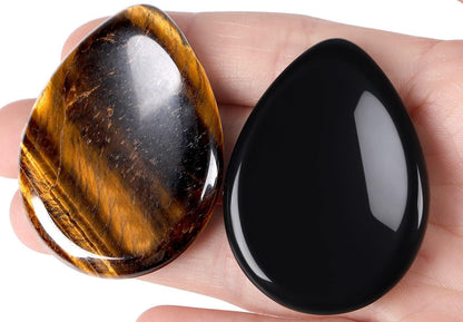 2PCS Worry Stone for Anxiety Tigers Eye Amethyst Healing Crystals Hand Thumb Stones Pocket Gemstones Meditation Accessories Oval Crystal Natural Relax Palm Stone Anxiety Relief Items Stocking Stuffers