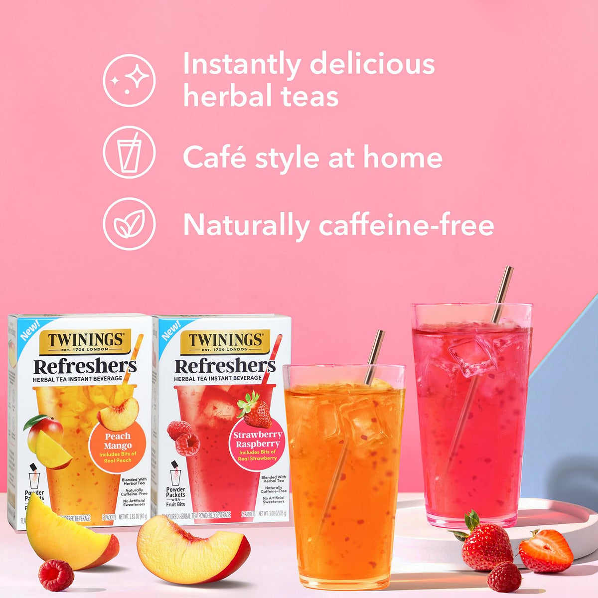 Twinings Refreshers Variety 2-Pack, Strawberry Raspberry & Peach Mango, Herbal Tea Instant Beverage with Real Fruit Bits, 5 Count Ea (10 Packets), Café Style, No Artificial Sweeteners, Naturally Caffeine-Free, 2.82 Oz Ea