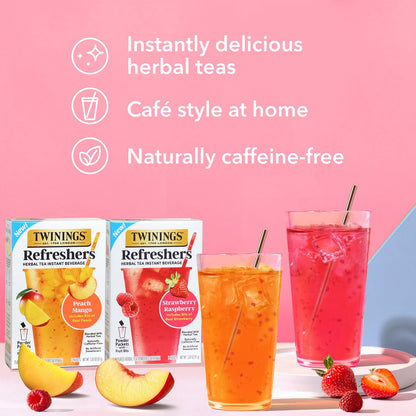 Twinings Refreshers Variety 2-Pack, Strawberry Raspberry & Peach Mango, Herbal Tea Instant Beverage with Real Fruit Bits, 5 Count Ea (10 Packets), Café Style, No Artificial Sweeteners, Naturally Caffeine-Free, 2.82 Oz Ea