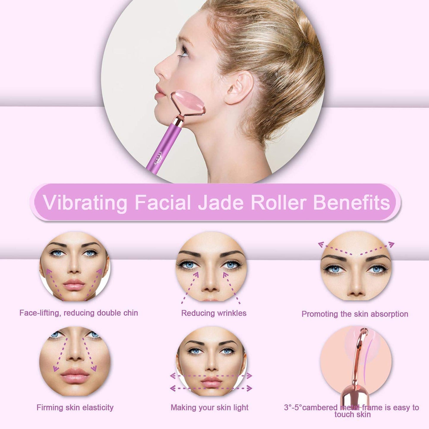 Upgrade 2 in 1 Vibrating Jade Facial Massager Roller, Electric Rose Quartz Eye Face Roller to Press Skin Cream Oil for Anti-Aging Reducing Wrinkles and Glowing Youthful Skin Tone