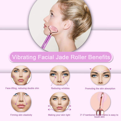 Upgrade 2 in 1 Vibrating Jade Facial Massager Roller, Electric Rose Quartz Eye Face Roller to Press Skin Cream Oil for Anti-Aging Reducing Wrinkles and Glowing Youthful Skin Tone