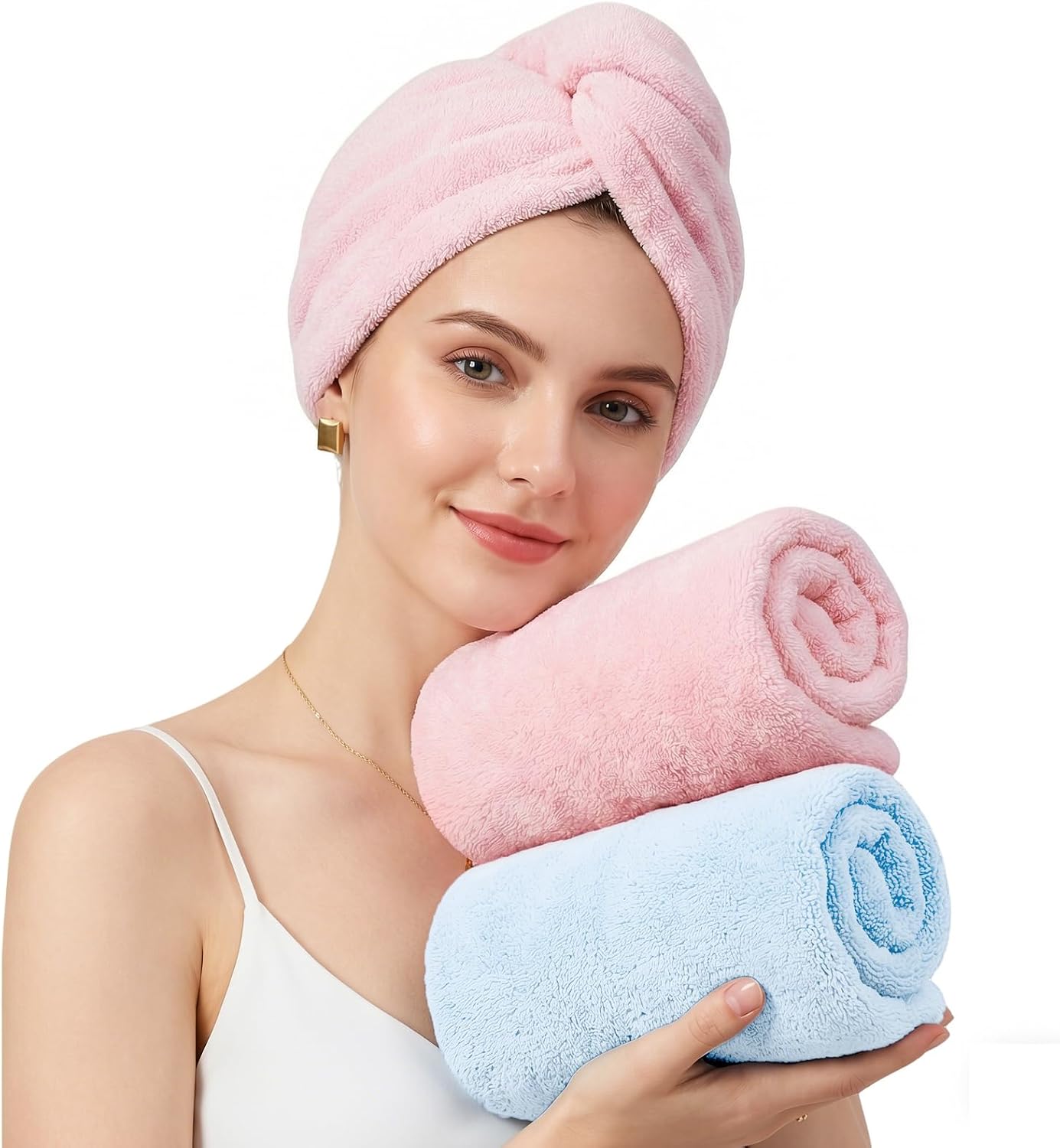 Mandydov 100% Cotton Hair Towel Wrap for Women, 2 Pack Thickened & Super Absorbent Turbans, Anti Frizz Quick Dry Hair Towels (Blue, Pink Blush)