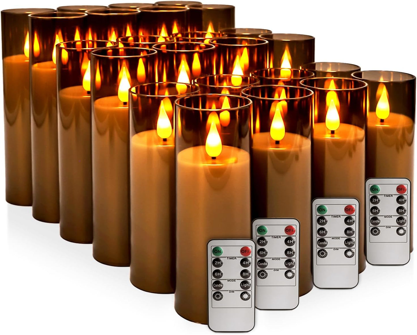 24 Pcs LED Flameless Candles with Remote, 3D Flickering Flame & LED String Lights, Acrylic Clear Cylinder, Timer Function, Romantic Ambience for Home Decor, Party, Wedding (Ivory).
