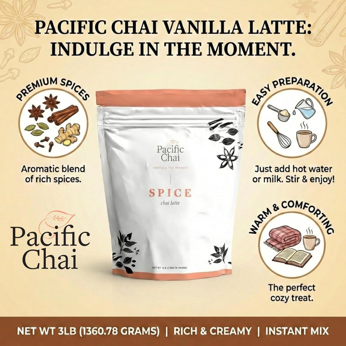Pacific Chai Spiced Chai Latte Mix, Instant Chai Tea Latte Drink Mix, Gluten Free, Kosher Certified Powder Beverage, Café Style Chai Latte, 3 LB
