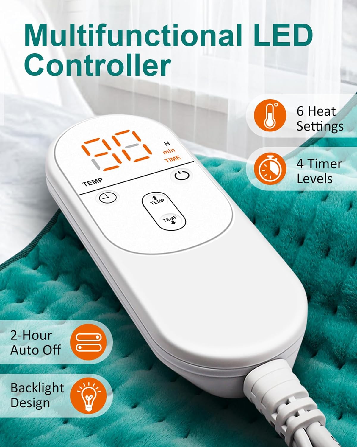 Heating Pad for Back & Period Cramps, Fathers Day Dad Gifts, Birthday Gifts for Women Mom, Electric Heating Pads for Abdomen/Waist/Shoulder, 12" x 24", 6 Heat Settings, 4 Auto-Off, Teal Green