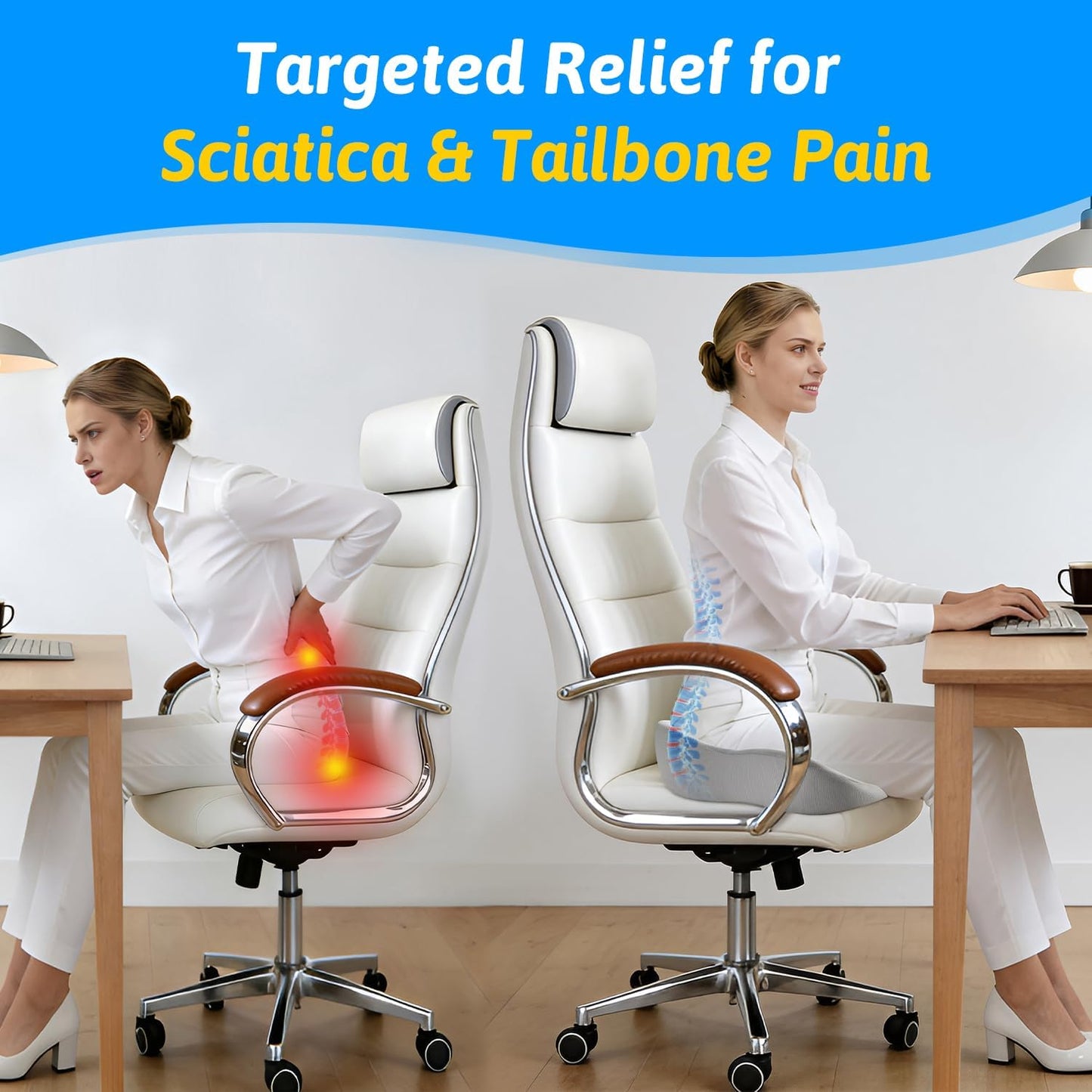 Seat Cushion for Tailbone & Sciatica Pain Relief – Certified & Ergonomist-Designed – Tapered Front Edge Reduces Thigh Pressure – Wide Memory Foam for Office Chair, Car, Wheelchair (Gray)