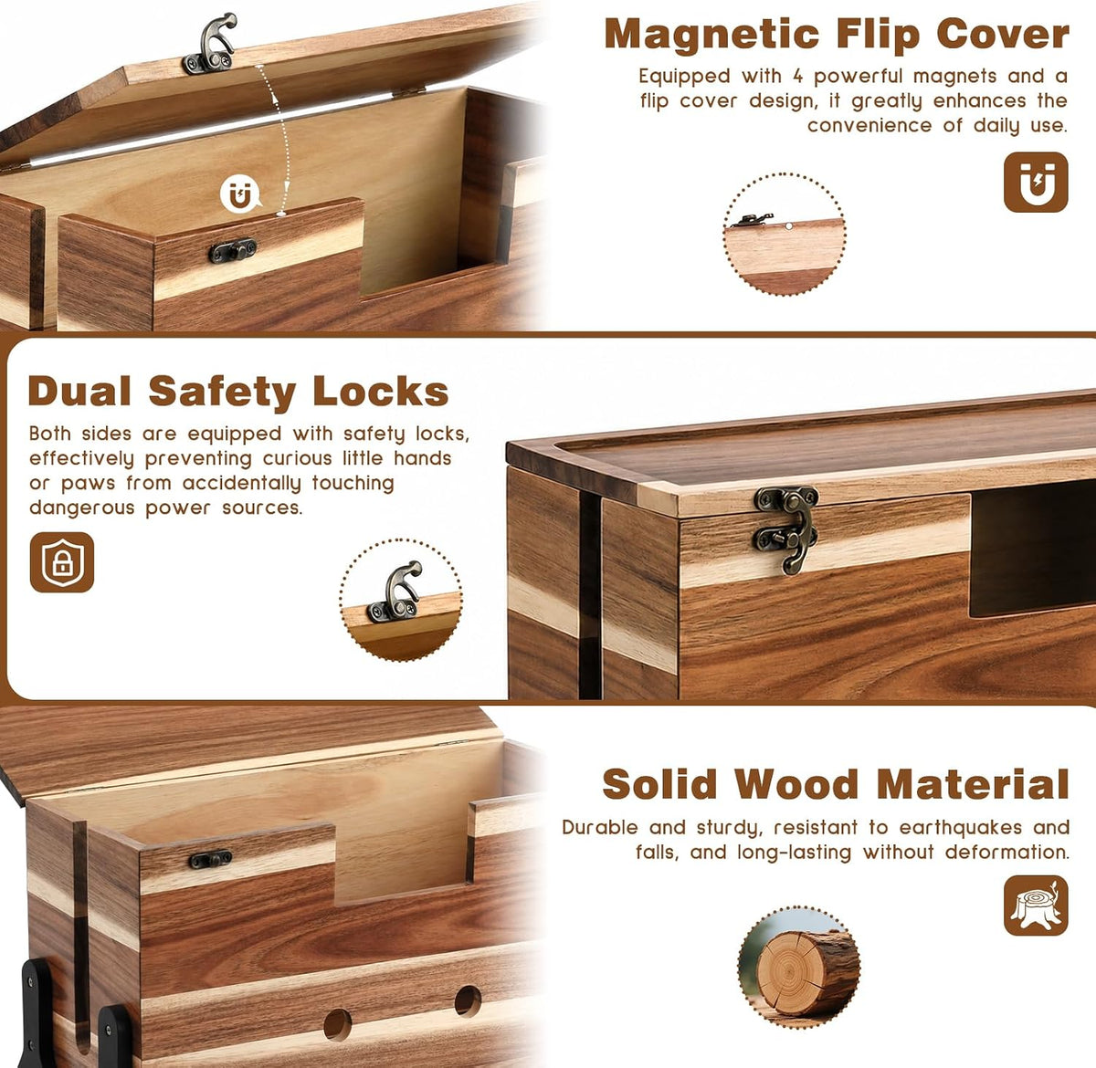 Extra Large Cable Management Box, 14.2-Inch Acacia Wood Cord Hider Box with Dual Locks and Magnetic Lid, Power Strip Cover and Cable Organizer for Desk, Floor, TV Wires and Home Office