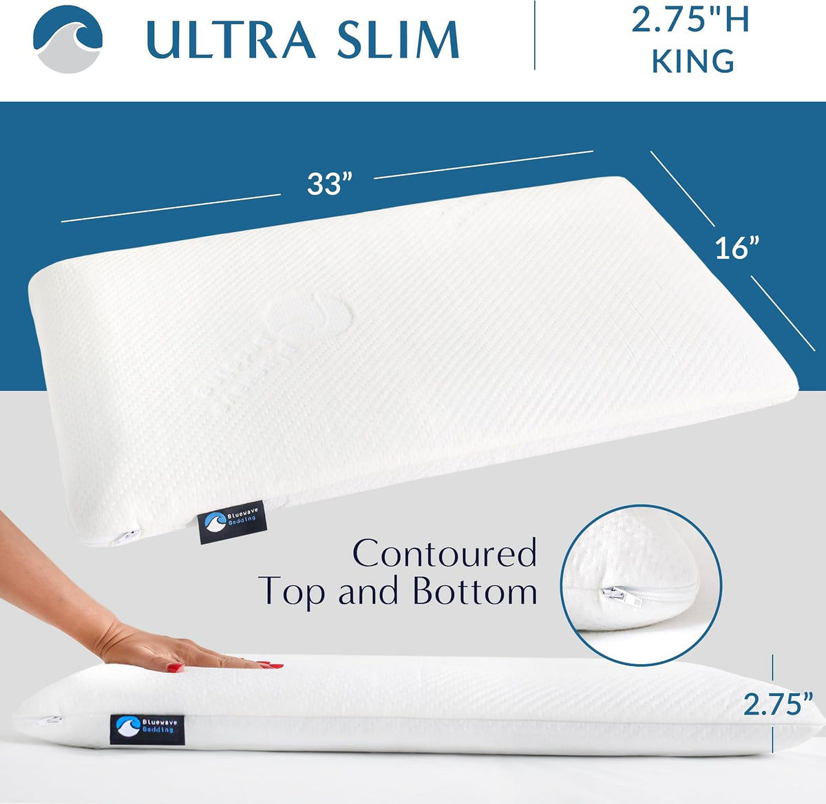 Bluewave Bedding Ultra Slim Max Cool CarbonBlue Gel Memory Foam Pillow for Stomach and Back Sleepers - Thin, Flat Design with Advanced Cooling (2.75-Inch Height, Standard Size)