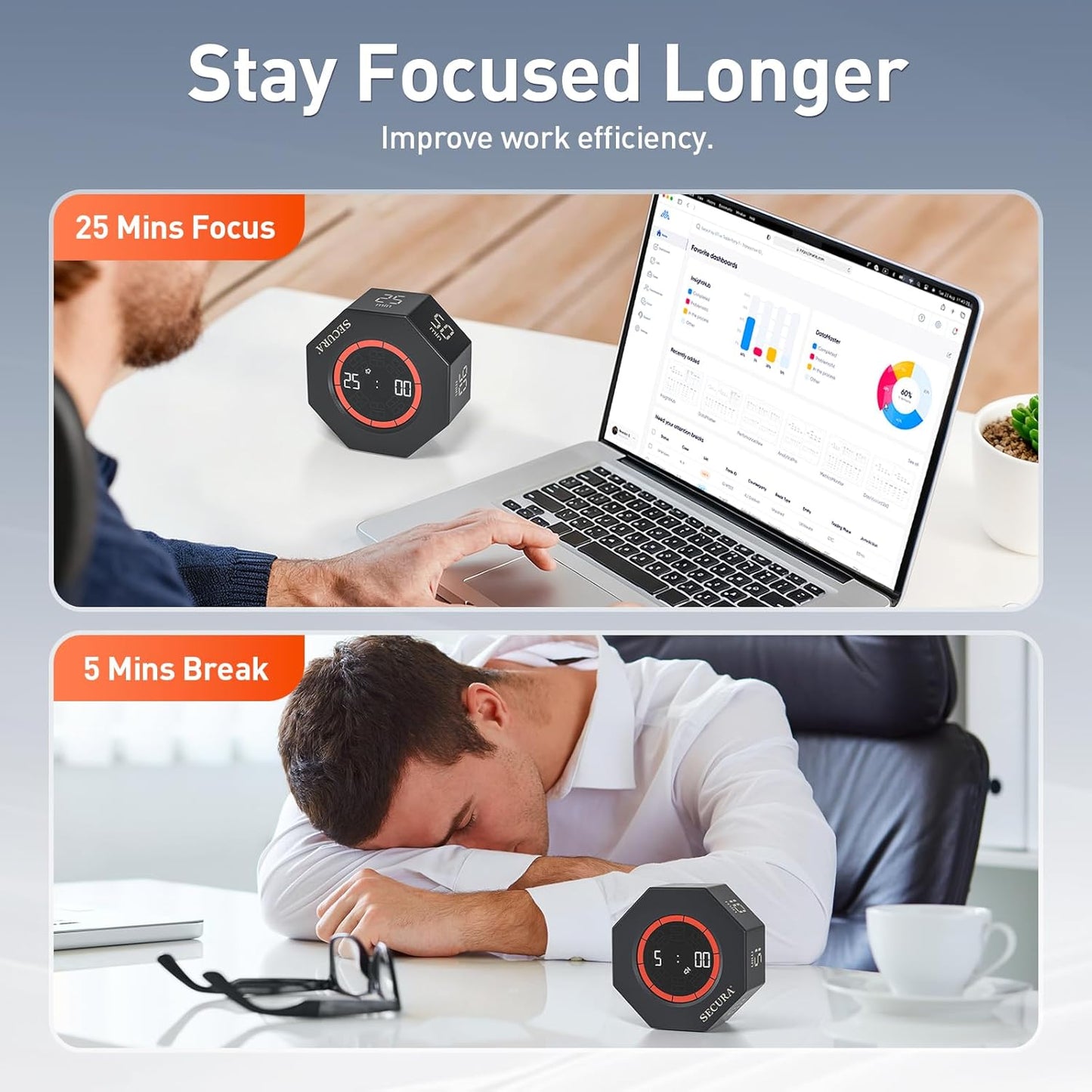Secura Pomodoro Timer for ADHD & Productivity, Flip Cube Timer with 7 Presets (5/10/15/20/25/50/90 Min), Visual Countdown Progress Bar for Work, Study, Kids & Desk (Dark Gray)