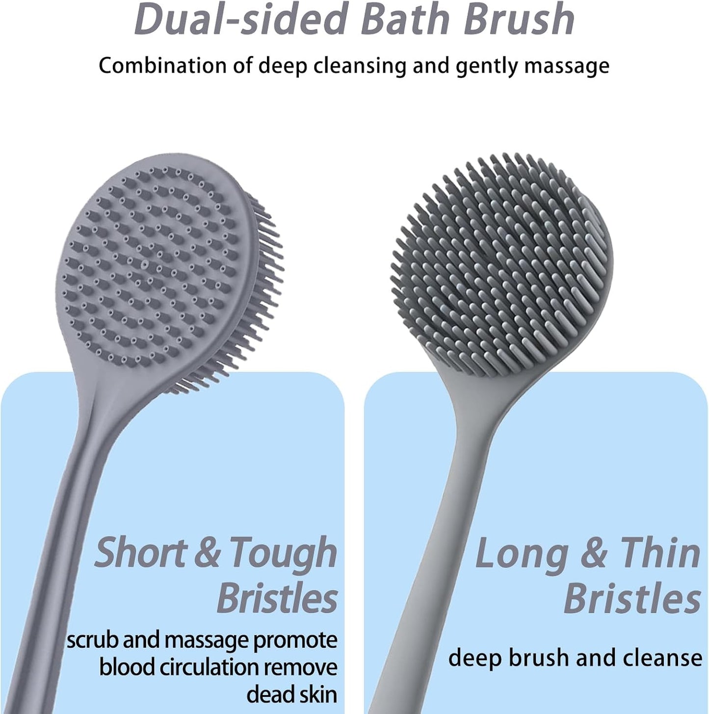 Silicone Back Scrubber for Shower, 17in Lengthen Long Handle Body Brush, Double Sided Shower Brush for Shower Exfoliating and Massage,Includes 2 Hooks (Black)