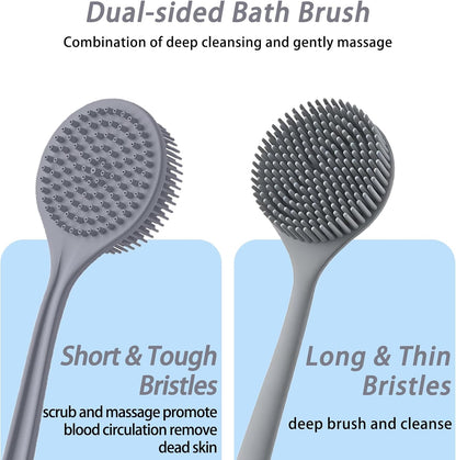 Silicone Back Scrubber for Shower, 17in Lengthen Long Handle Body Brush, Double Sided Shower Brush for Shower Exfoliating and Massage,Includes 2 Hooks (Black)