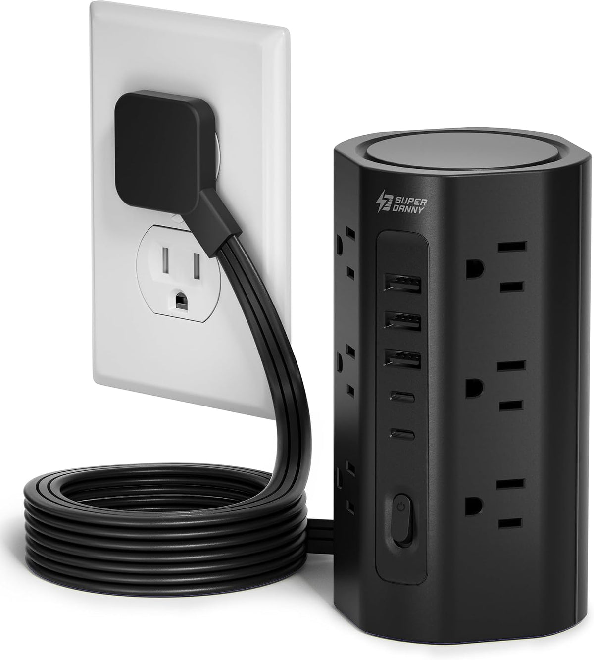 10Ft Tower Power Strip, Long Extension Cord, Flat Plug, 1700J, 12 AC 5 USB