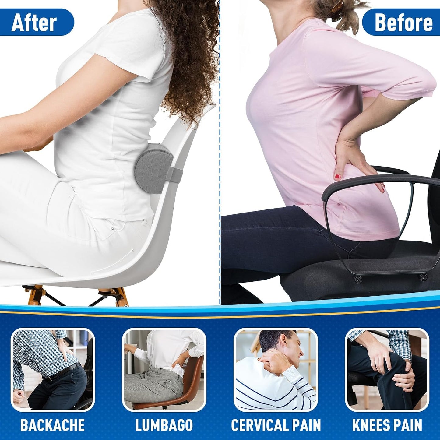 CushZone Lumbar Roll Support Pillow for Office Chair, Car, Gaming Chair, Memory Foam Back Cushion with Washable Cover for Relieving Back Pain & Improving Posture,Black