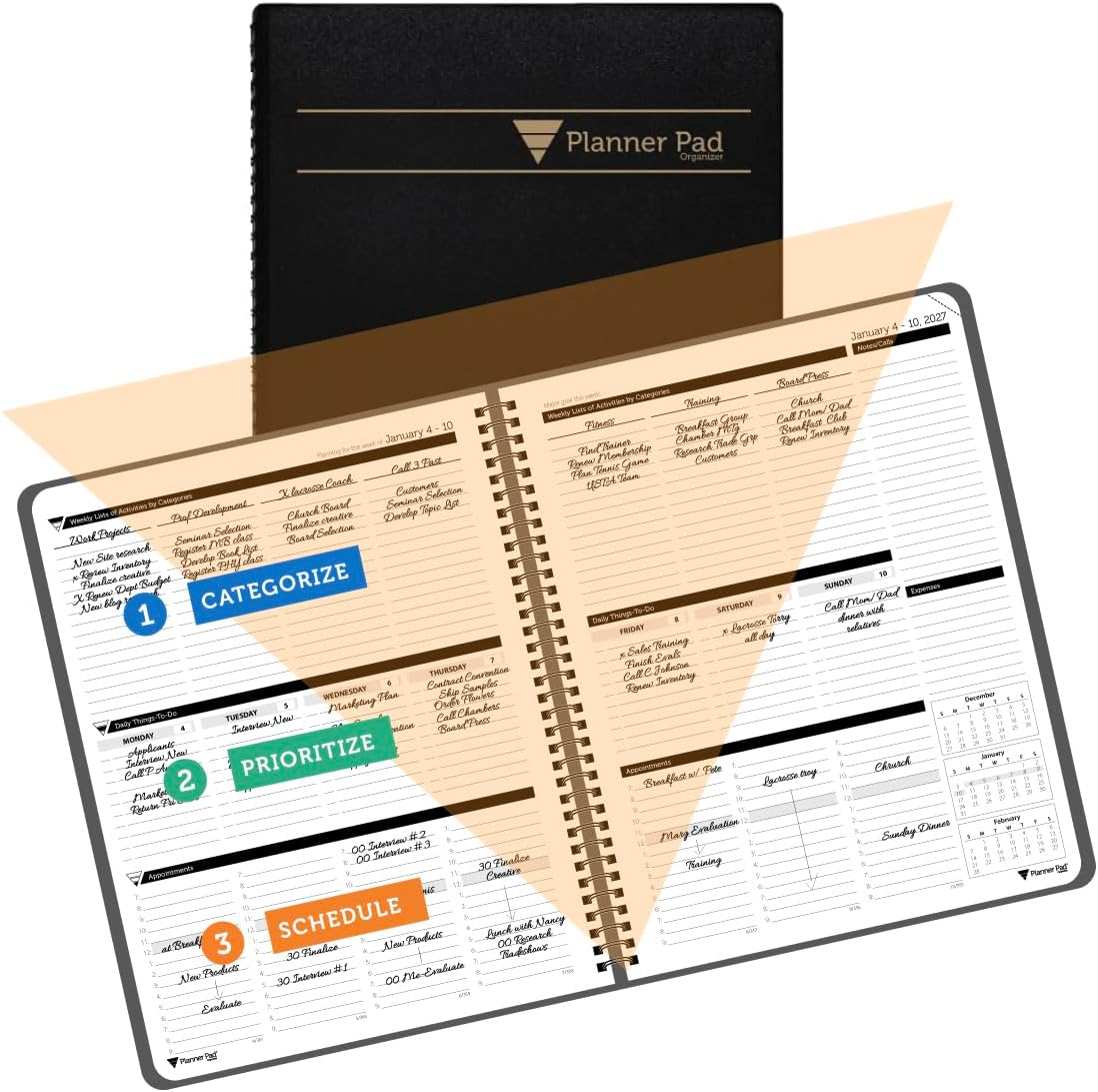 Planner Pad Spiral Bound July 2026 – June 2027 / Academic Year 8 1/2" x 11" Large 3-Tier Funnel Down 12 Month/Weekly Size Organizer, Greenish Grey Cover/Soft Green Ink