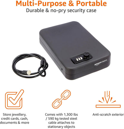 Amazon Basics Portable Security Case Lock Box Safe with Combination Lock for Documents, Valuables, Personal Items, Dorm Room, Home, Large, Black