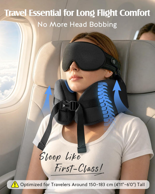YFONG Travel Pillow for Long Flights, Patented 360° Ergonomic Sleeper Hold Head Support System with Memory Foam Neck Pillow & 3D Sleep Mask, Prevent Head Bobbing for Airplane & Road Trip, Pink