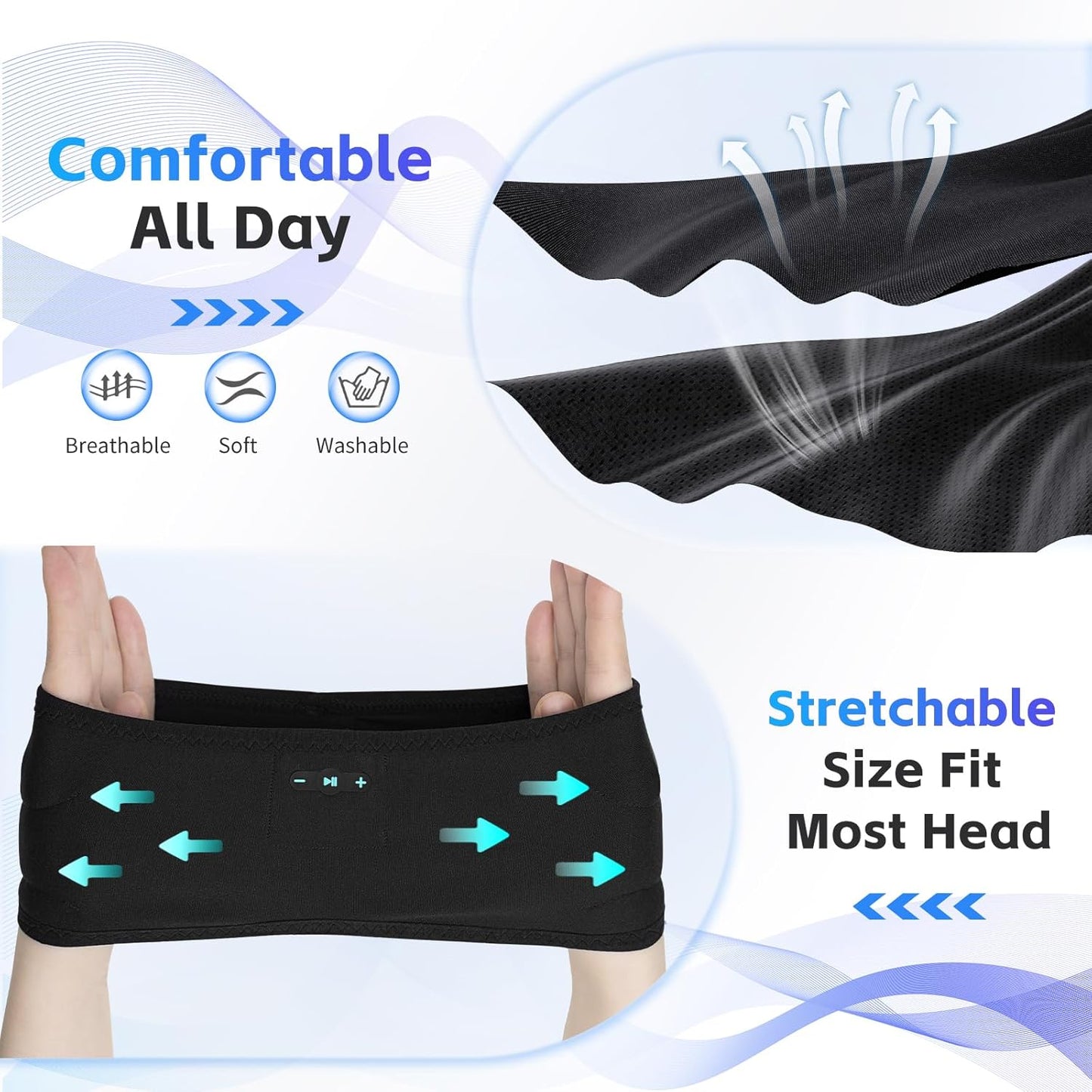Sleep Headphones Bluetooth 6.0 Headband, 3-IN-1 Sleeping Headband Headphones for Side Sleepers with 20H PlayTime, HD Stereo, Removable and Washable Wireless Headband for Sleeping Sport (Black)