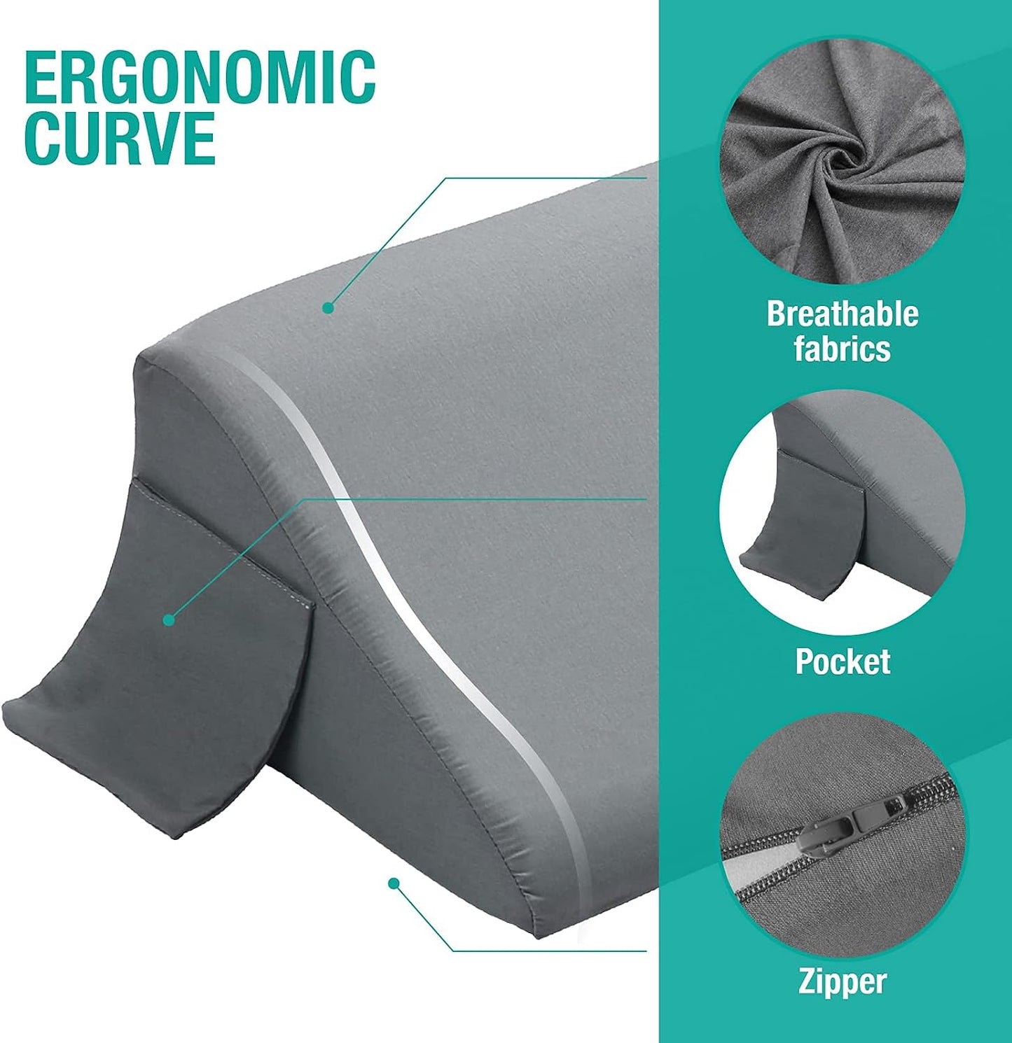 Vekkia 24" x 24" x 5.5" Bed Wedge Pillow for Sleeping – Triangle Pillow for Sleep Apnea, Acid Reflux, Snoring & Back Support, Post-Surgery Recovery, with Pockets & Washable Cover