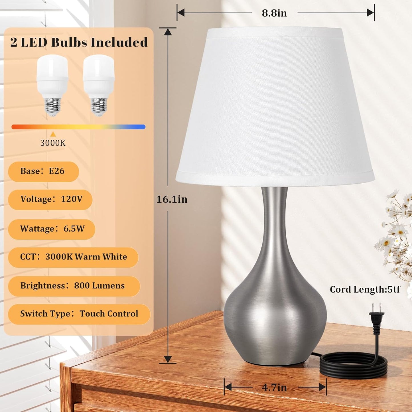 Seealle 16.1" Touch Table Lamps for Nightstand, 3-Way Dimmable Small Bedroom Lamps for Night Stands, Black Bedside Lamps for Living Room, Kids Room, End Table