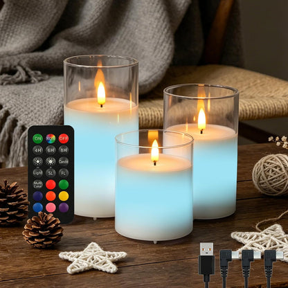 LEDHOLYT Rechargeable Flameless Glass Pillar Candles–Gifts for Women,–Set of 3, Realistic Flickering LED Flame,Remote & Timer, Ideal for Living Room, Bedroom & Halloween Festival Home Party Decor