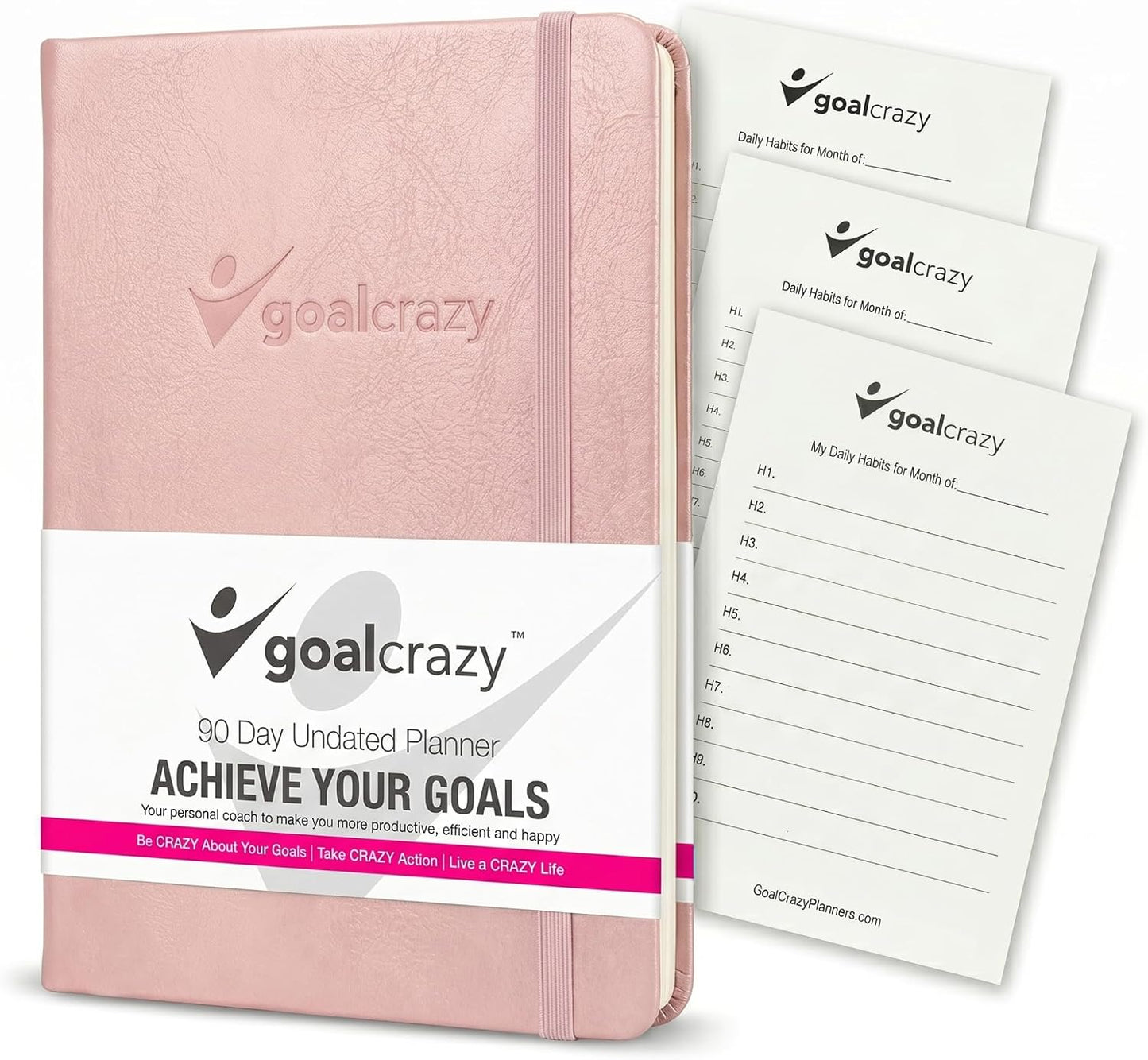 Goal Crazy Undated Planner – 90 Day Guided Journal & Productivity Organizer, A5 Daily & Weekly Planner with Goal Setting, Habit Tracker, To Do List, Academic & Work Calendar, Leather Hardcover - Black