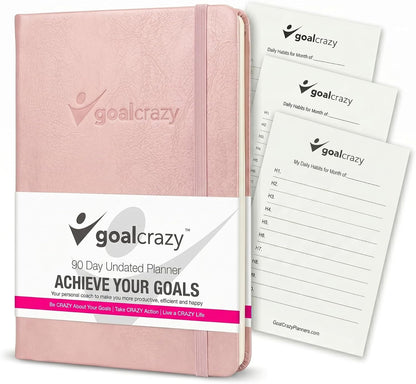 Goal Crazy Undated Planner – 90 Day Guided Journal & Productivity Organizer, A5 Daily & Weekly Planner with Goal Setting, Habit Tracker, To Do List, Academic & Work Calendar, Leather Hardcover - Black