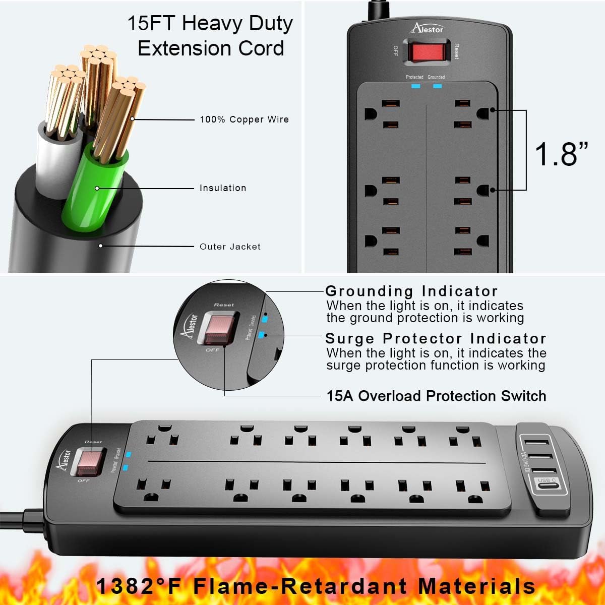 ALESTOR 6 Ft Surge Protector Power Strip with 12 Outlets and 4 USB Ports