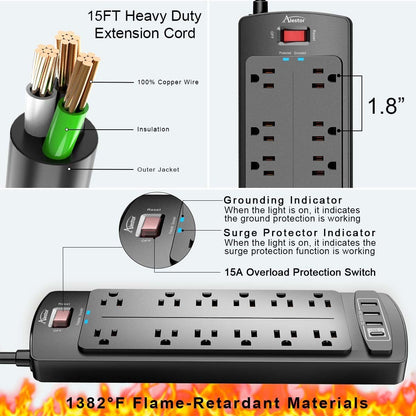 ALESTOR 6 Ft Surge Protector Power Strip with 12 Outlets and 4 USB Ports
