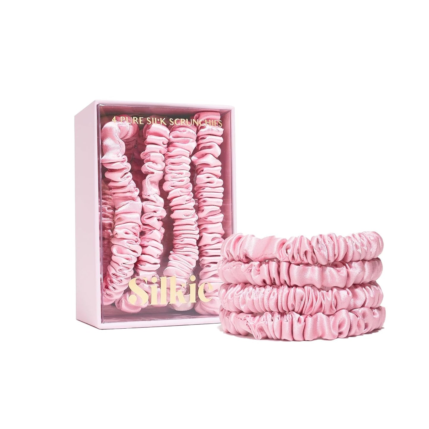 SILKIE x4 Set - Forget Satin - 100% Pure Mulberry Silk Black Brown Skinny Scrunchies Travel Pouch Everyday Hair Ties Elastics Hair Care Ponytail Holder No Damage (Chocolate)