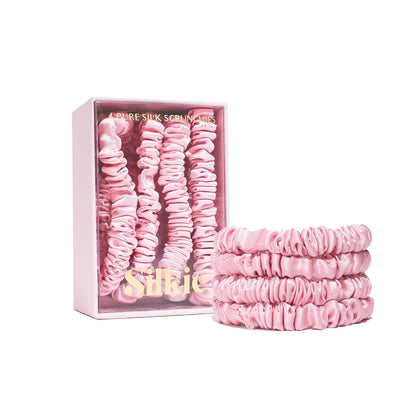 SILKIE x4 Set - Forget Satin - 100% Pure Mulberry Silk Black Brown Skinny Scrunchies Travel Pouch Everyday Hair Ties Elastics Hair Care Ponytail Holder No Damage (Chocolate)