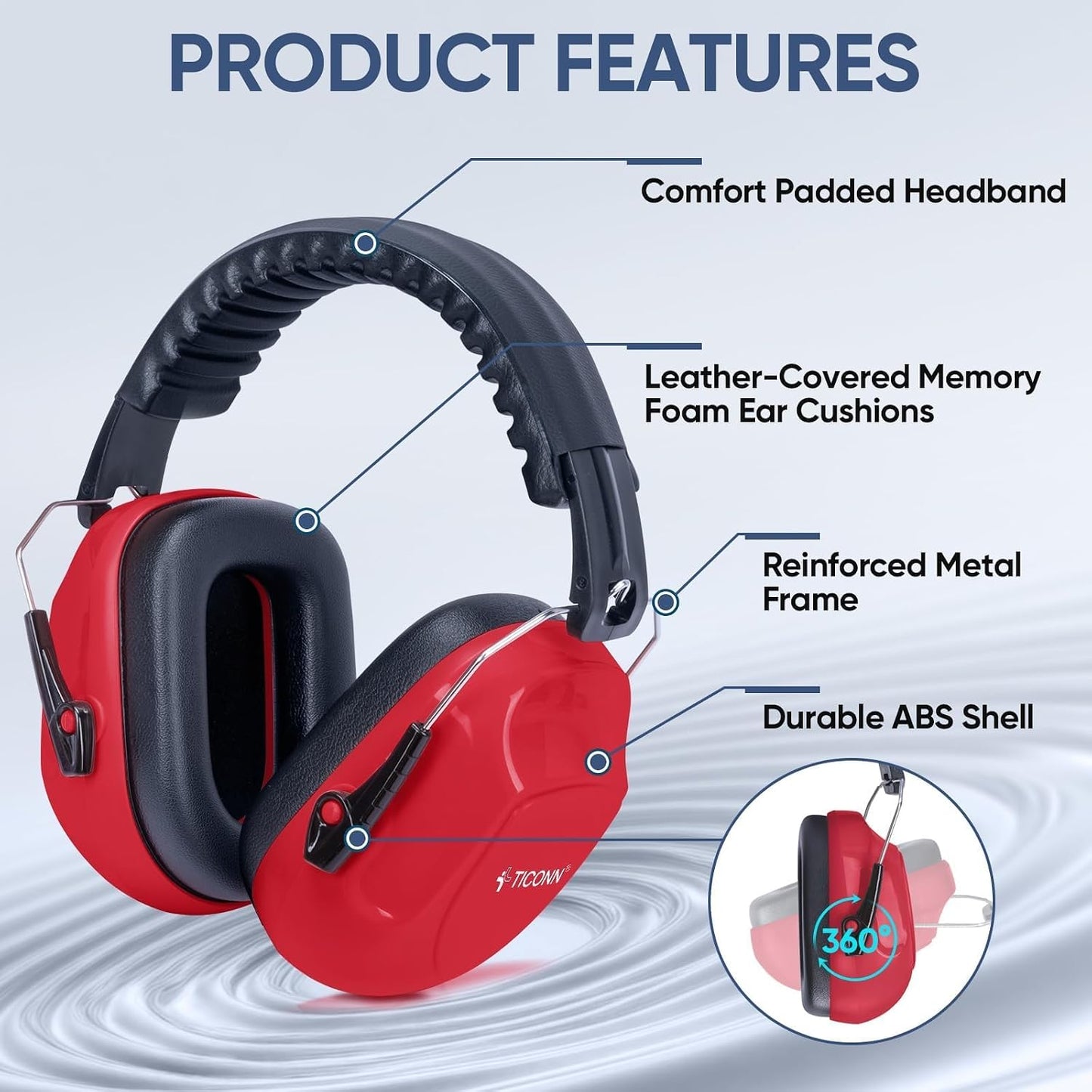 TICONN Noise Cancelling Ear Muffs for Adults, SNR 33dB Hearing Protection, Adjustable Safety Earmuffs for Construction
