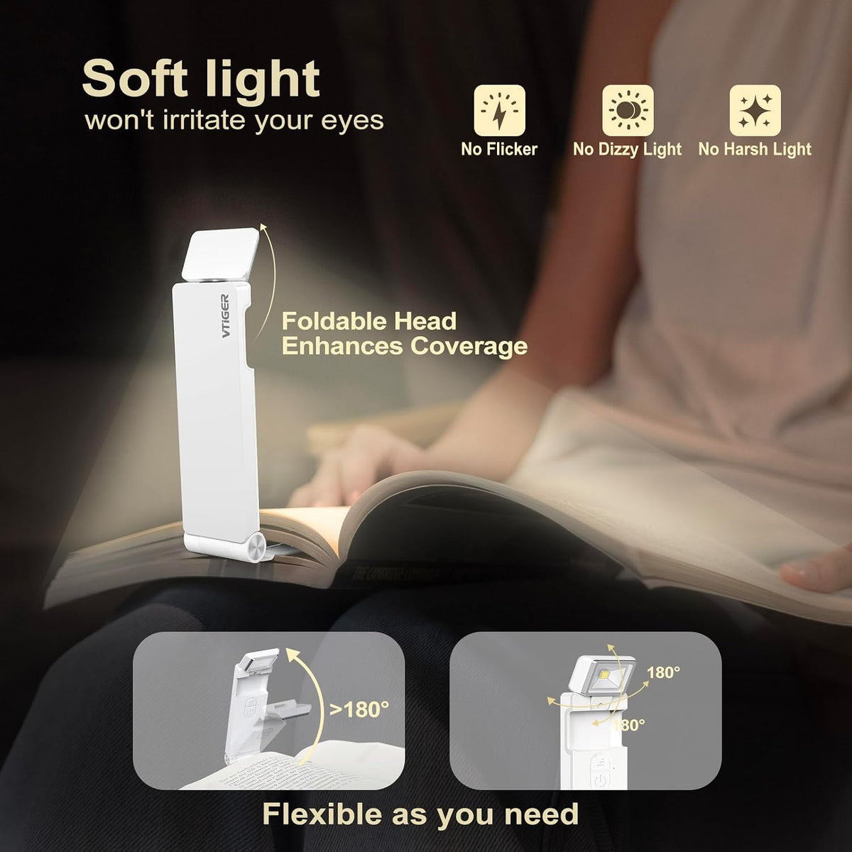 VTIGER Reading Light, USB Rechargeable Book Light for Reading in Bed,Foldable Clip-on LED Booklight, 3 Amber Colors & 4 Brightness Dimmable,Long Lasting Portable Bookmark Lamp for Book Lovers, Kids