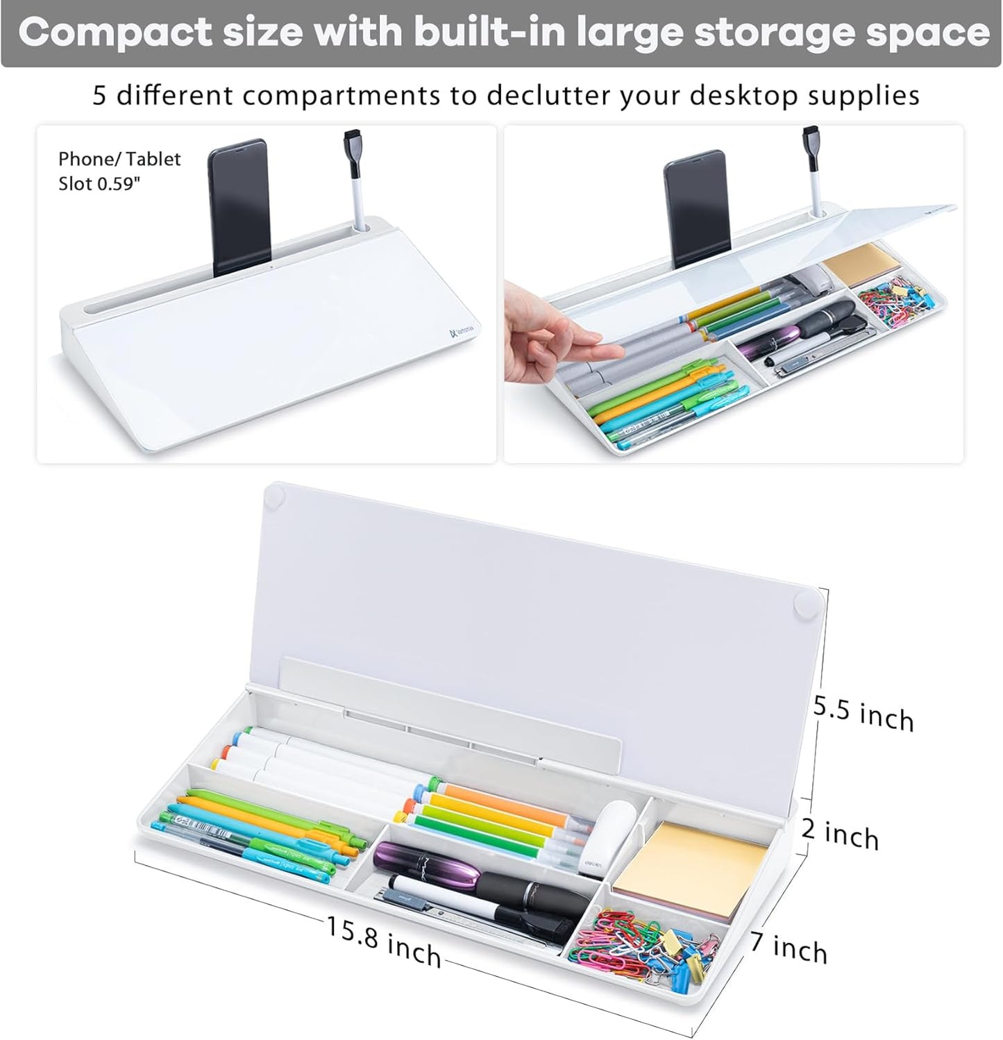 Varhomax Glass Weekly Dry Erase Desk White Board, Desktop to Do List Planner Whiteboard Calendar with Storage Caddy Memo for Home and Office, White